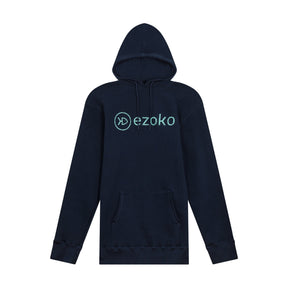 View of EZOKO Navy Hoodie Green Bathy Logo available at EZOKO Pike and Musky Shop