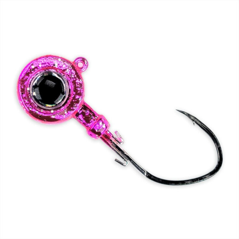 View of Hooks Gamakatsu MaxEye Jig Pill Head Jig Head 1/2 oz Chrome Pink Sparkle available at EZOKO Fishing
