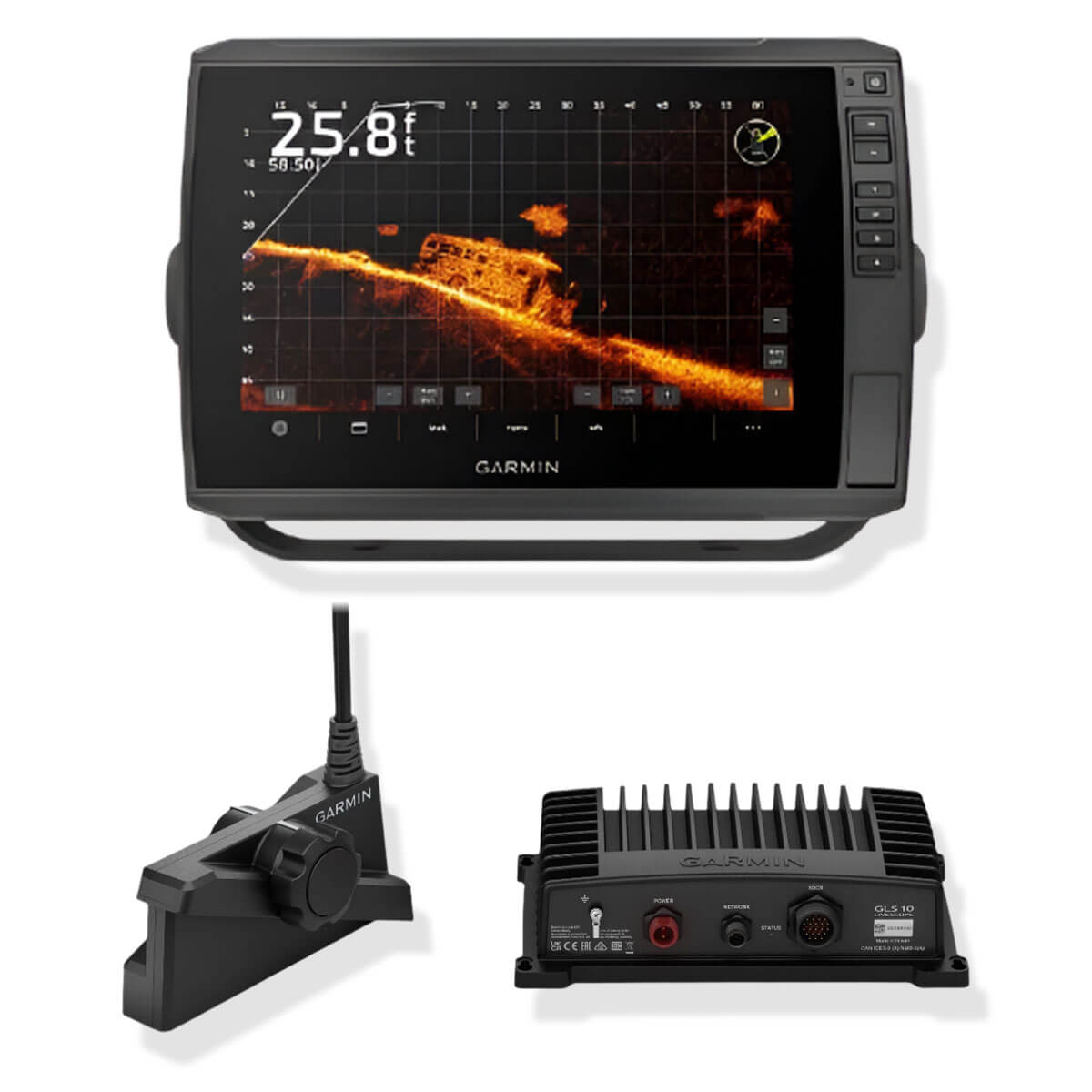 View of fish_finder Garmin ECHOMAP ULTRA 106SV ULTRA2 with LIVESCOPE LVS34 and GLS10 available at EZOKO Pike and Musky Shop