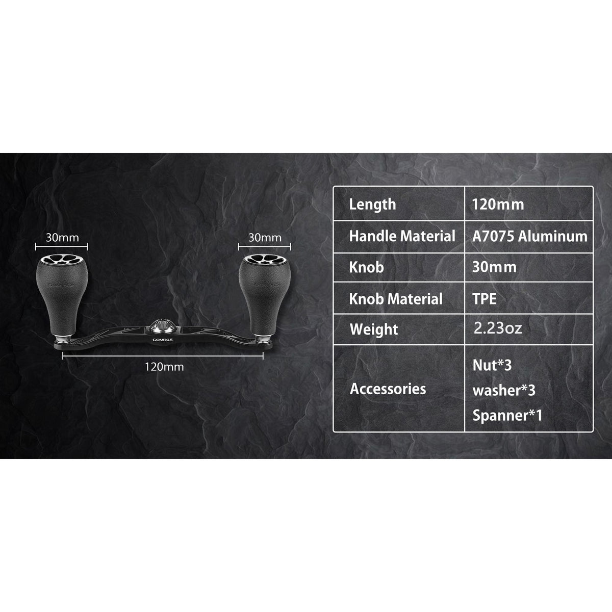 View of Gomexus Aluminum Handle for Baitcasting Reel with TPE Knob BDH-TPE30 available at EZOKO Pike and Musky Shop