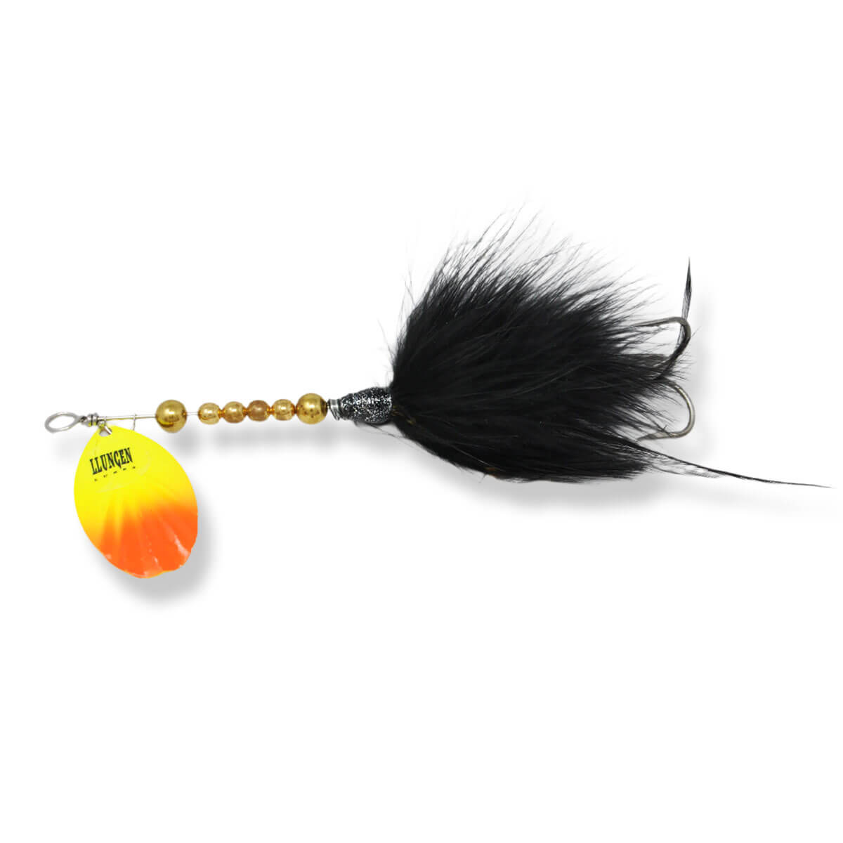 View of Bucktails Llungen Lures Bottle Rocket Bucktail Black Flamme available at EZOKO Pike and Musky Shop