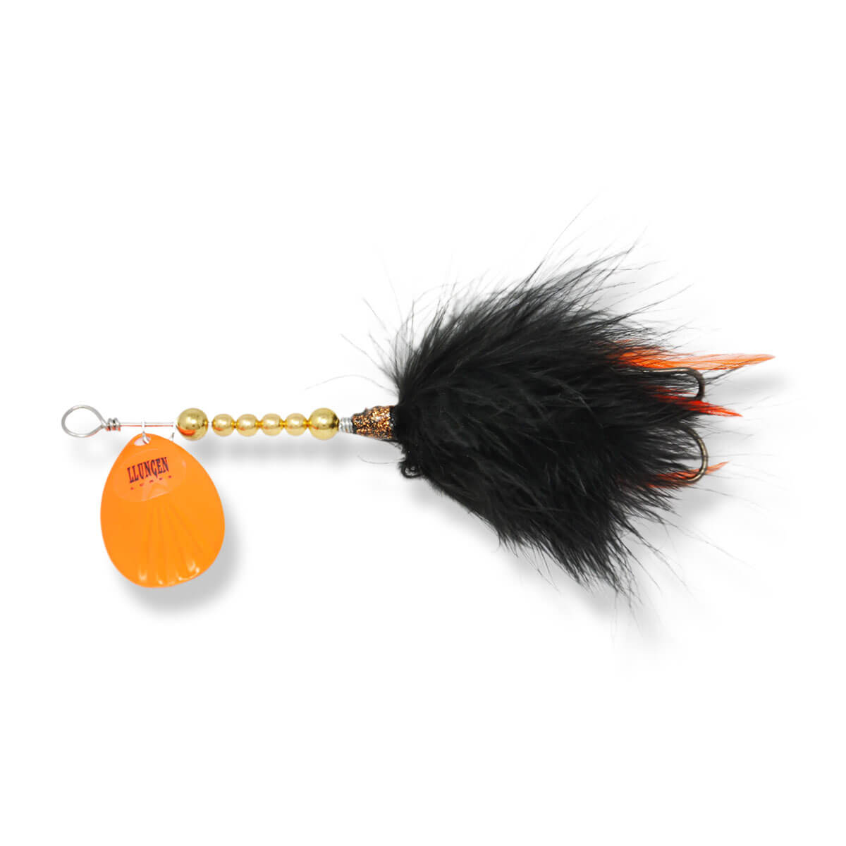 View of Bucktails Llungen Lures Bottle Rocket Bucktail Black / Orange Hackles available at EZOKO Pike and Musky Shop