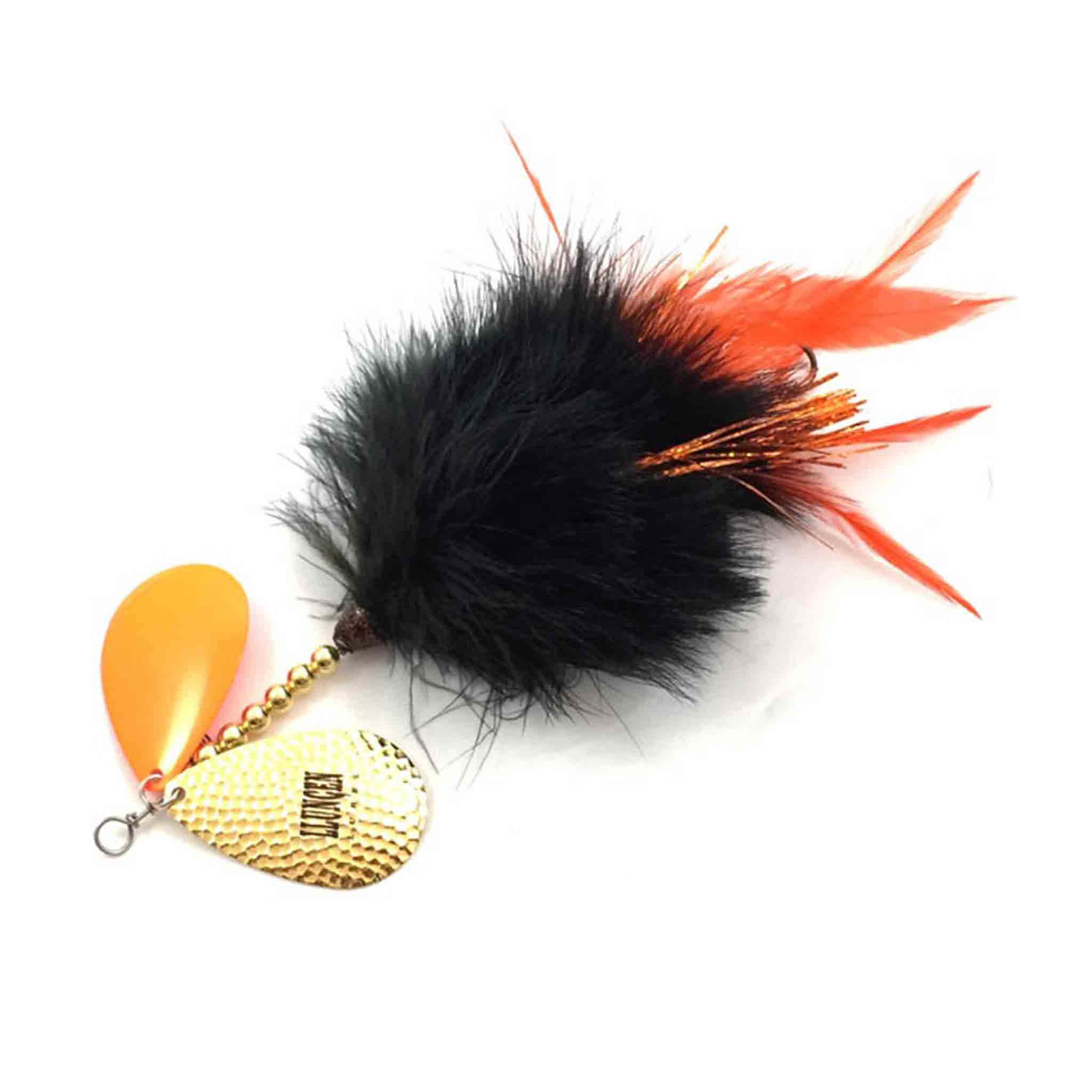 View of Bucktails Llungen Lures DC-9 Marabou Bucktail Black / Orange Hackles available at EZOKO Fishing