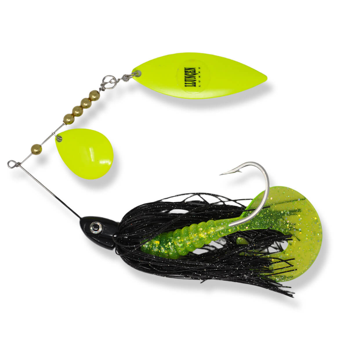 View of Spinnerbaits Llungen Lures Nutbuster Jr Spinnerbait Double Black Chartreuse available at EZOKO Fishing
