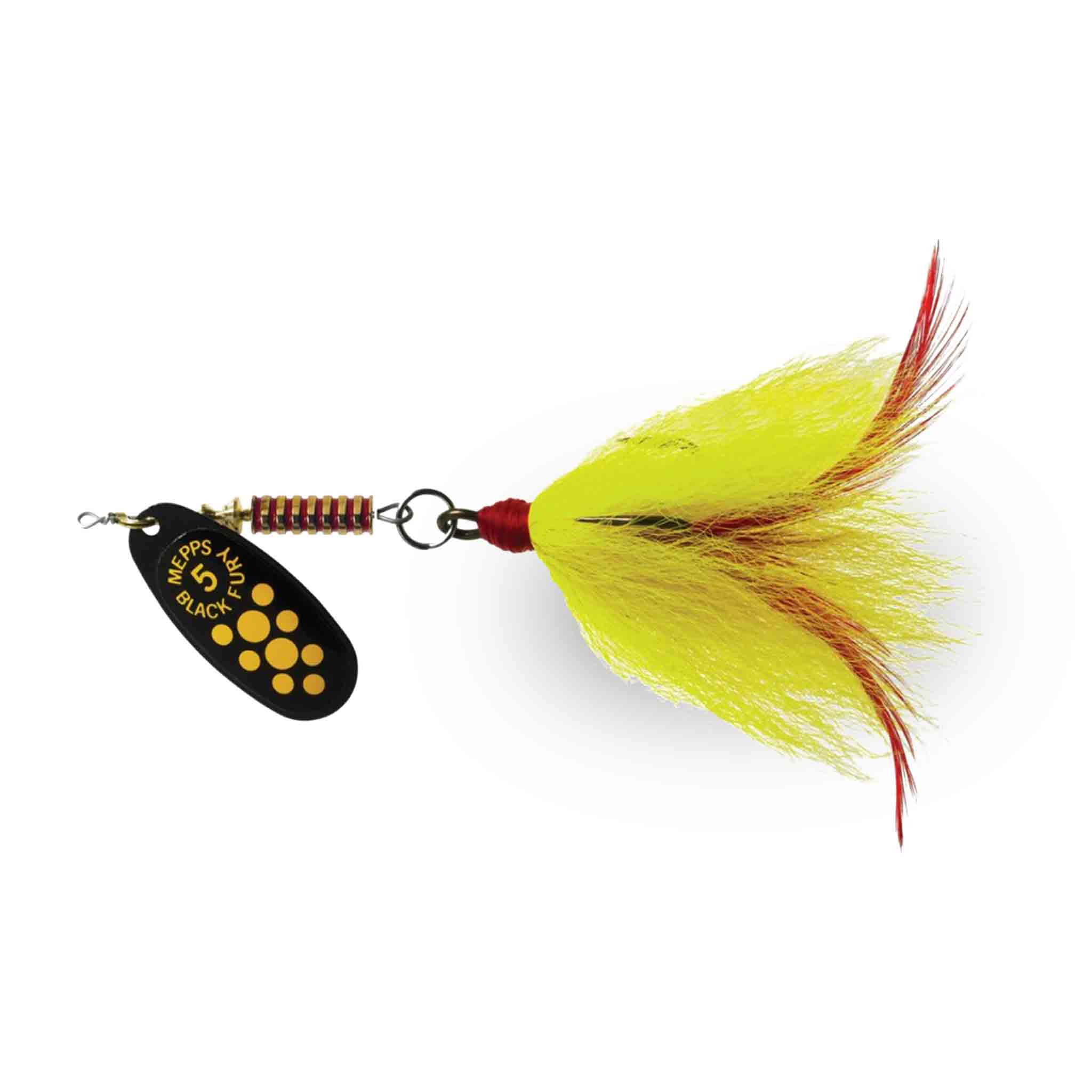 View of Bucktails Mepps Black Fury Musky Killer Bucktail Black / Yellow Dots / Yellow Tail available at EZOKO Fishing