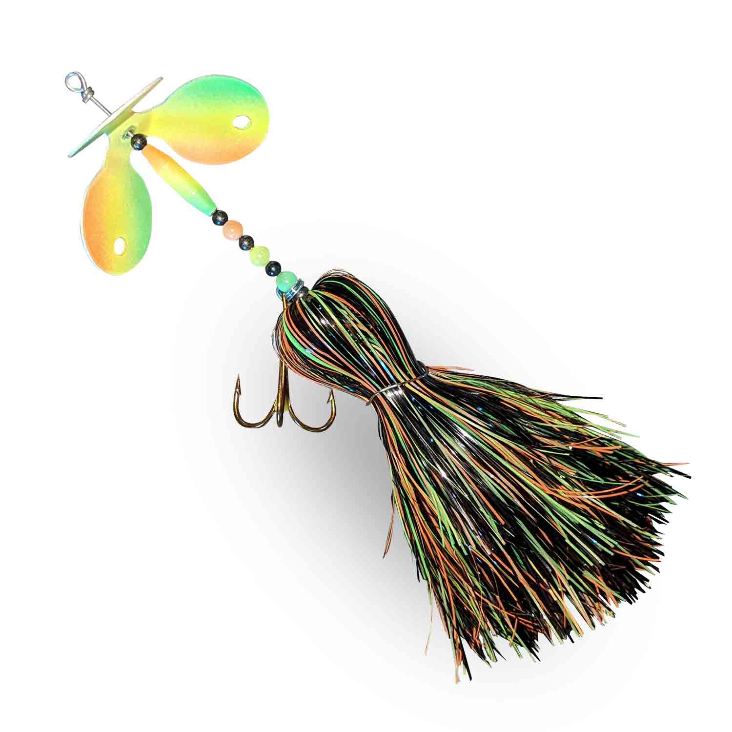View of Bucktails Muskie Munchies Big Triple Slurp Bucktail Glow Firetiger w/o Ticker w/o Flicker available at EZOKO Fishing