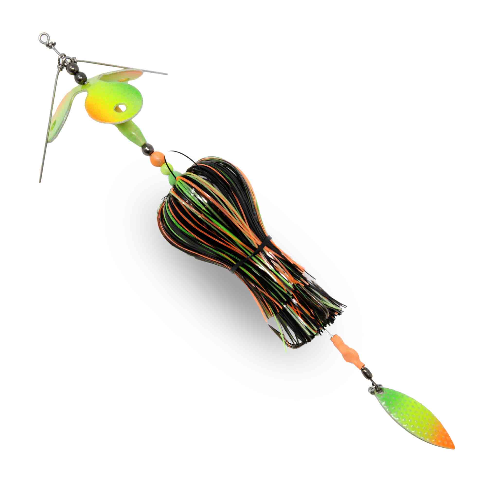 View of Bucktails Muskie Munchies Mini Triple Slurp Bucktail Glow Firetiger w/ Tickers w/ Flicker available at EZOKO Fishing