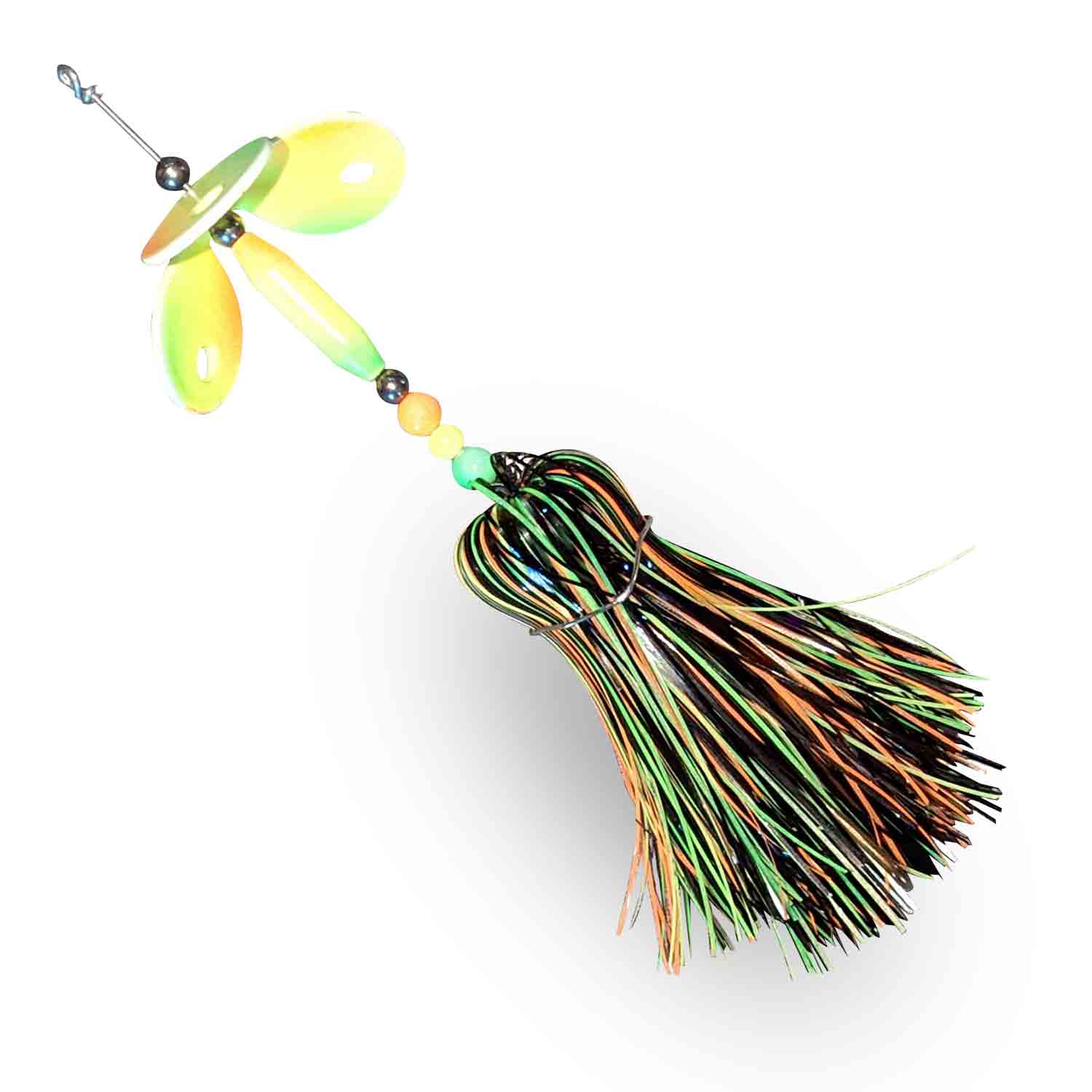View of Bucktails Muskie Munchies Mini Triple Slurp Bucktail Glow Firetiger w/o Ticker w/o Flicker available at EZOKO Fishing