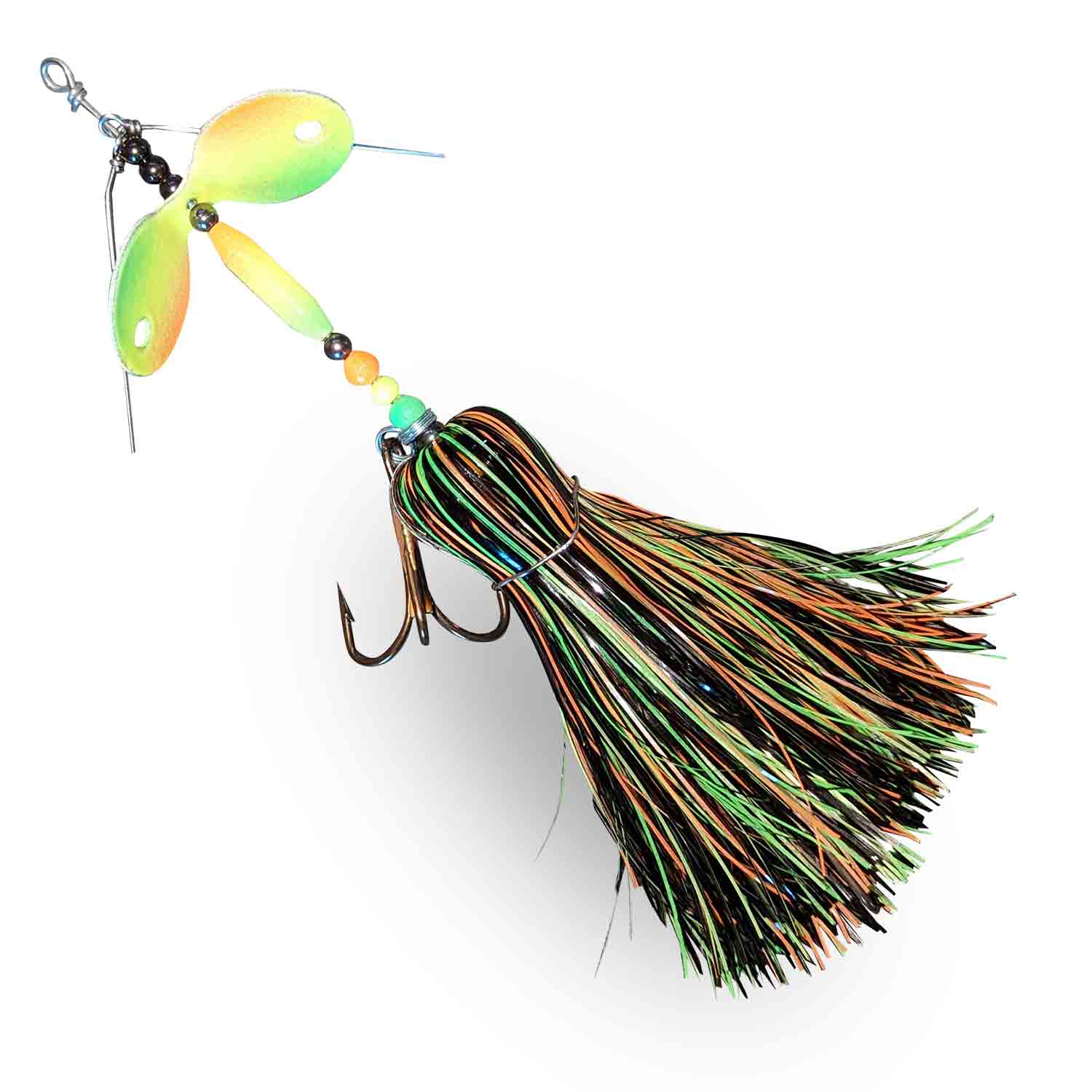 View of Bucktails Muskie Munchies Standard Double Slurp Bucktail Glow Firetiger w/ Tickers w/o Flicker available at EZOKO Fishing