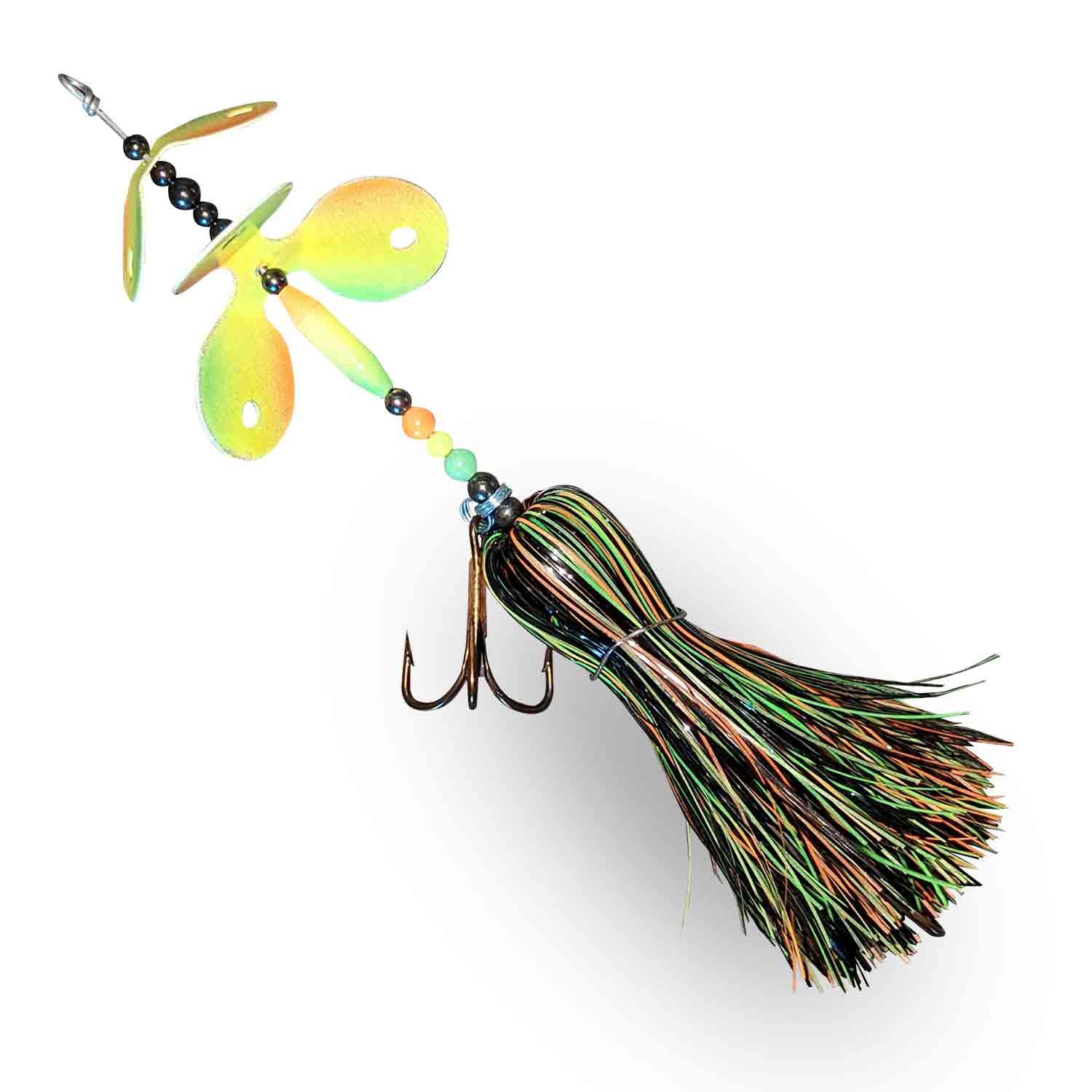 View of Bucktails Muskie Munchies Standard MEGA Slurp Bucktail Glow Firetiger available at EZOKO Fishing