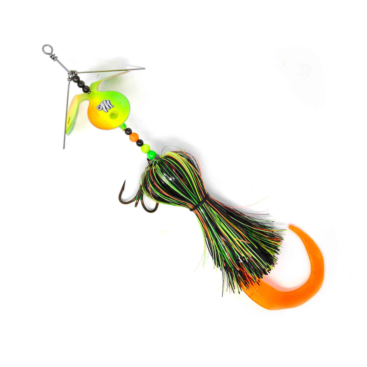 View of Bucktails Muskie Munchies Standard Ticker Killer Triple Slurp Bucktail Glow Firetiger available at EZOKO Pike and Musky Shop
