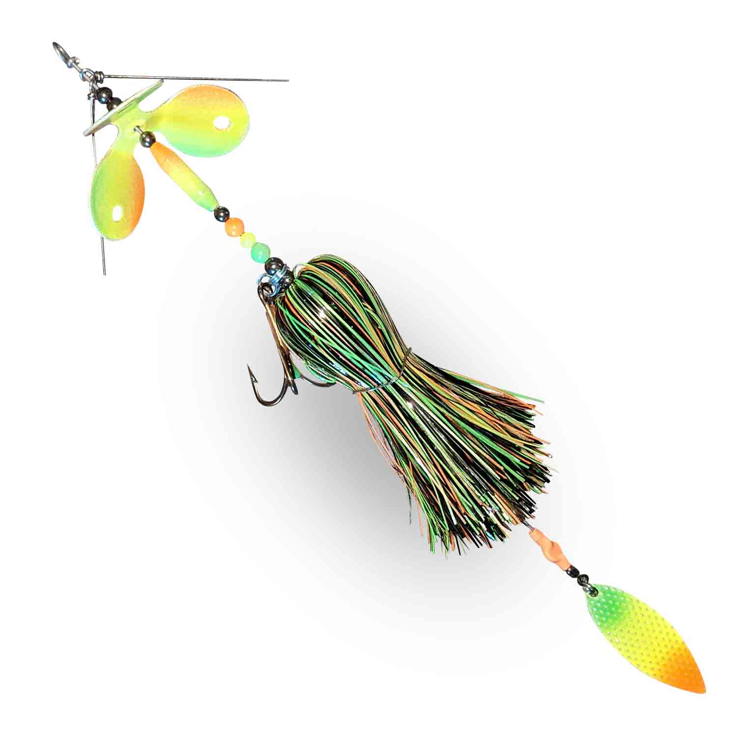 View of Bucktails Muskie Munchies Standard Triple Slurp Bucktail Glow Firetiger w/ Tickers w/ Flicker available at EZOKO Fishing