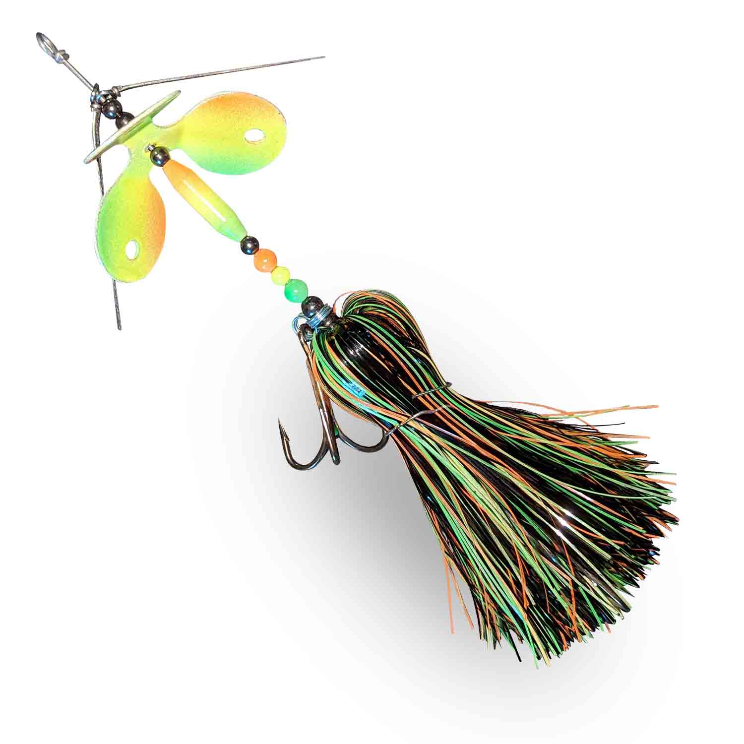 View of Bucktails Muskie Munchies Standard Triple Slurp Bucktail Glow Firetiger w/ Tickers w/o Flicker available at EZOKO Fishing