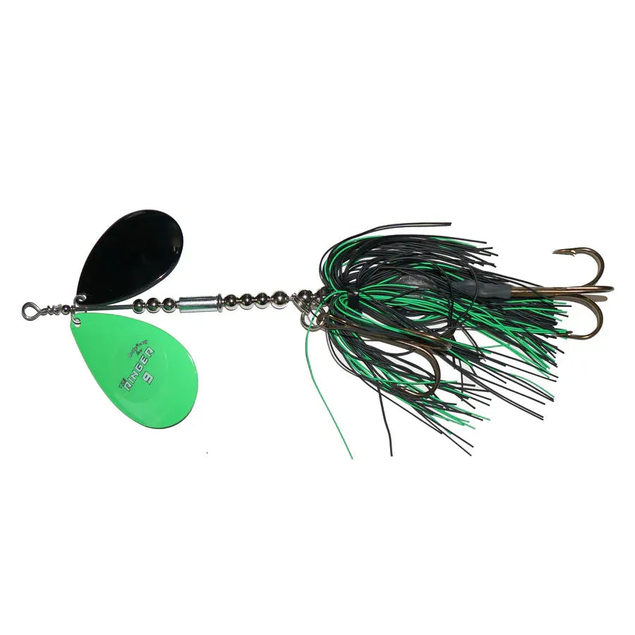 View of Bucktails Musky Frenzy Ringer 9 Black/Green - Rubber Skirt available at EZOKO Fishing
