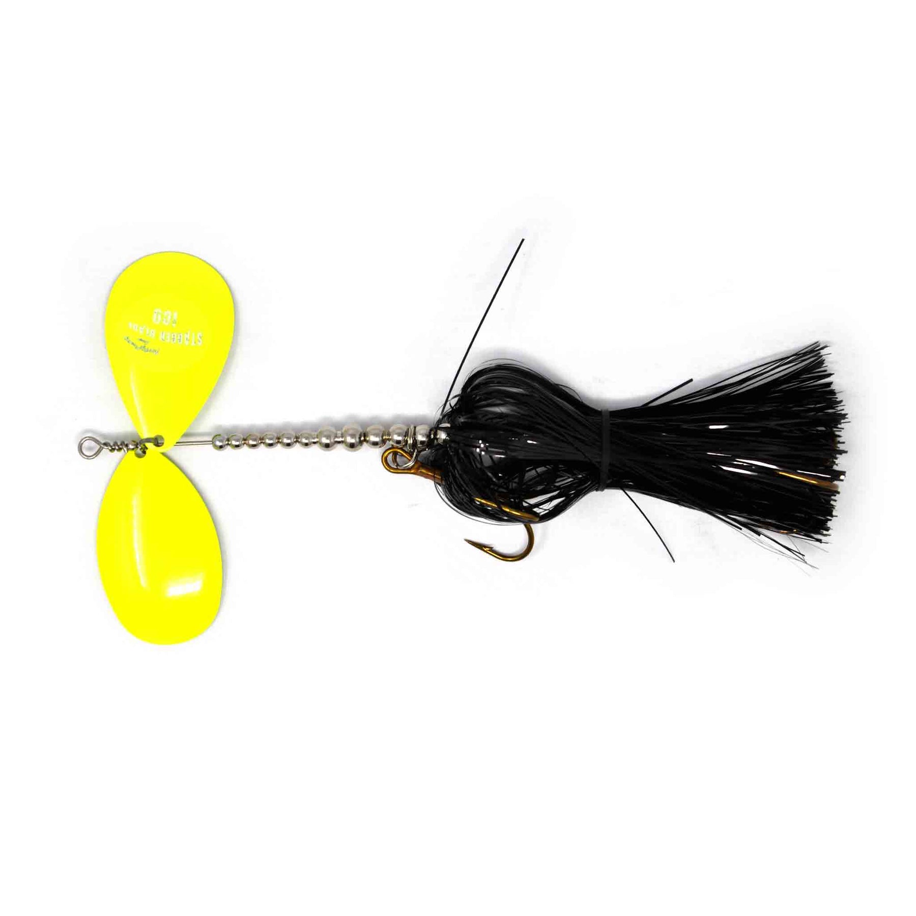 View of Bucktails Musky Frenzy Stagger 8/9 Bucktail Black/Chartreuse available at EZOKO Pike and Musky Shop