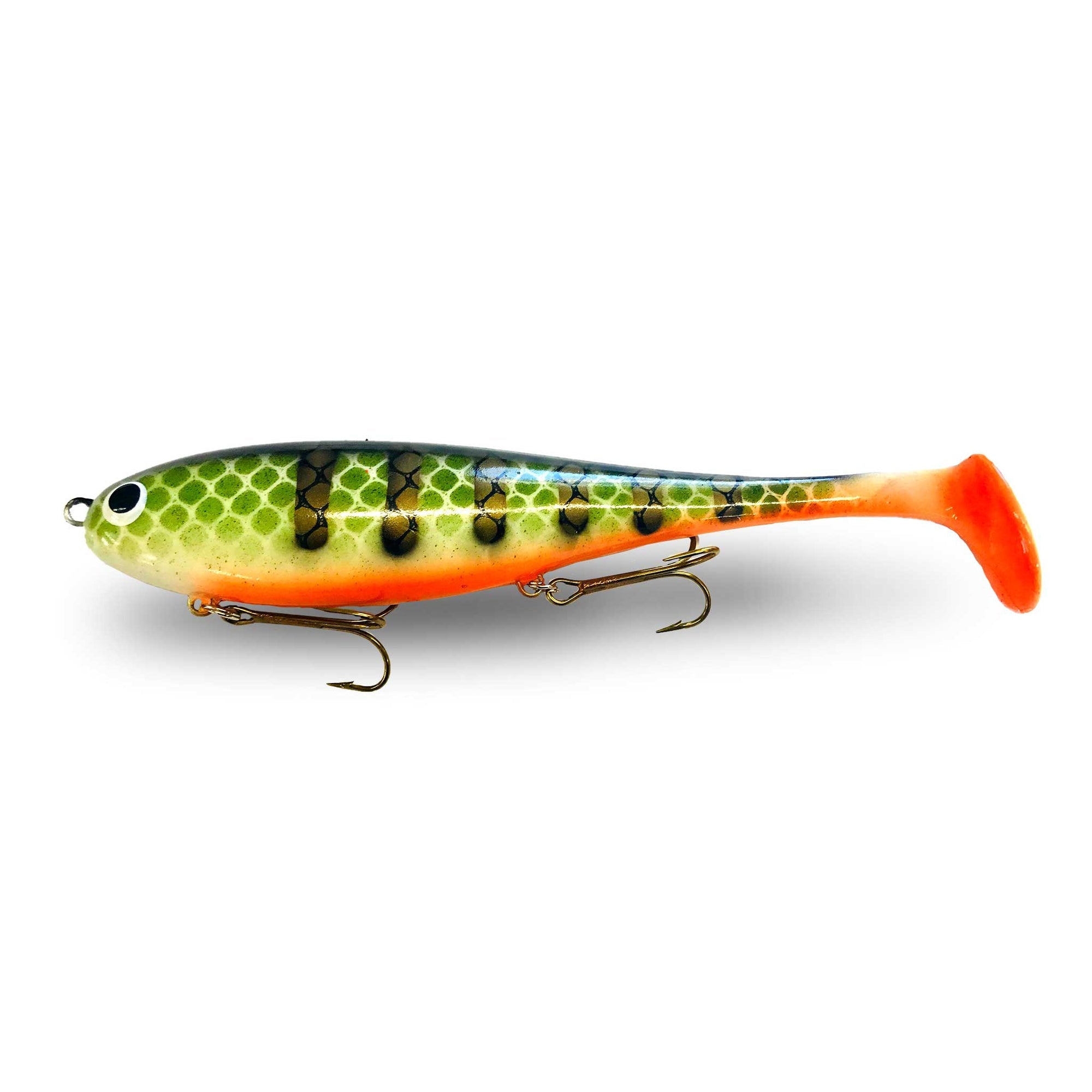 View of Swimbaits Musky Innovations Magnum Swimmin' Dawg Orange Belly Perch available at EZOKO Fishing