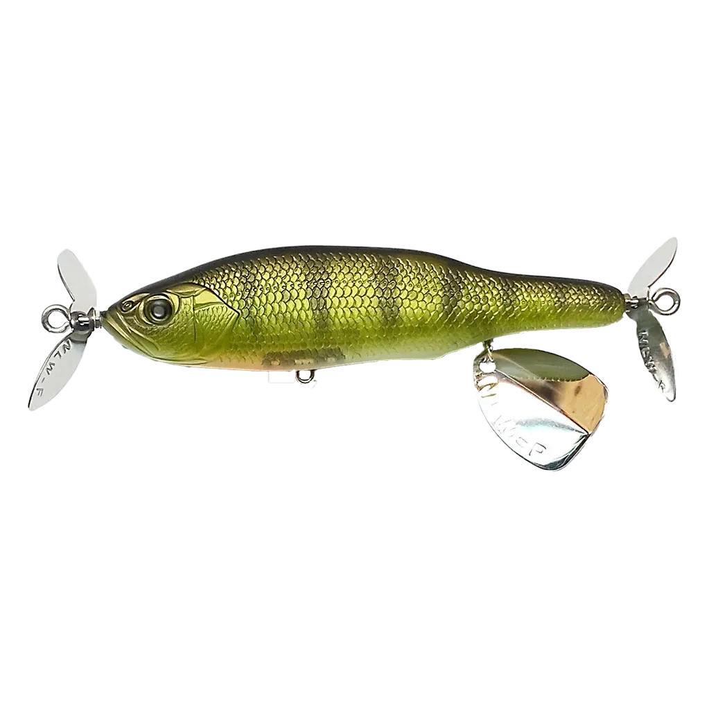 View of Topwater Nishine Lure Works ABINO 110F Propbait Yellow Perch available at EZOKO Fishing
