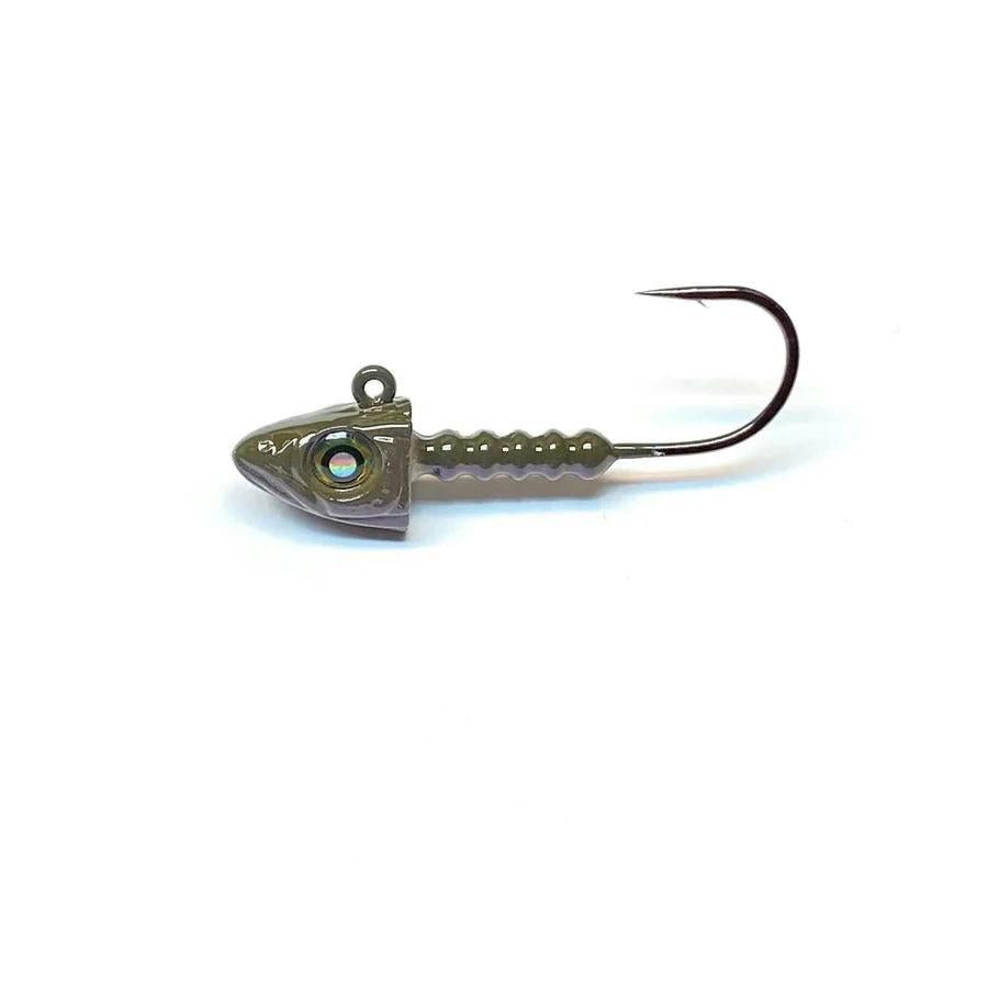 View of Jig Head Nishine Lure Works Smelthead Jig Head (2pk) Green Pumpkin 5/8oz - #2/0 available at EZOKO Fishing