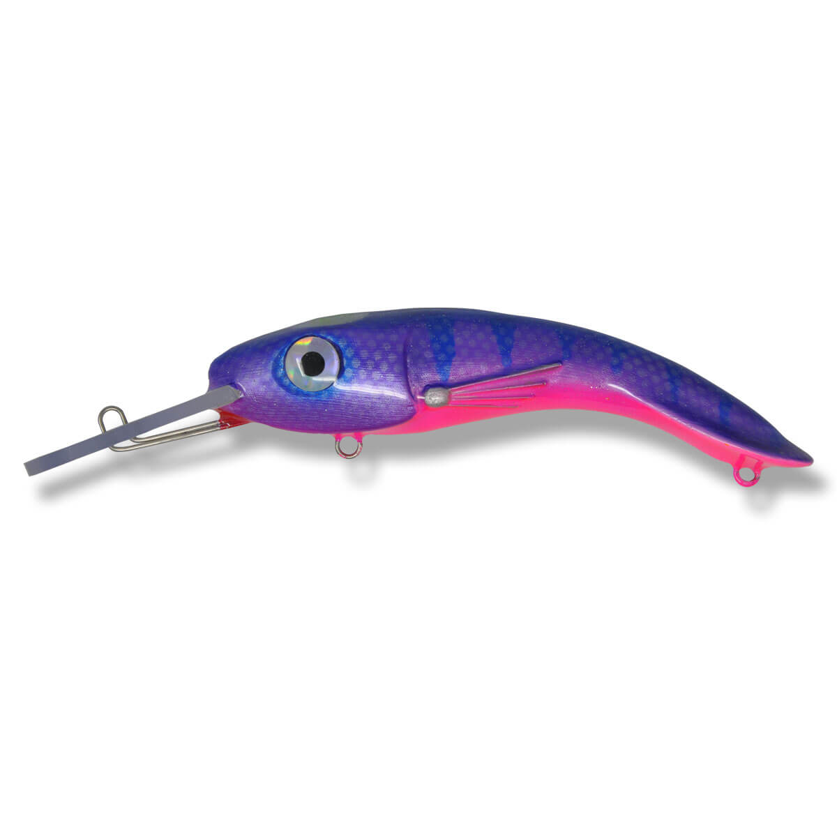 View of Crankbaits One Shot Tackle Perchosaurus 7" Crankbait Purple Crush Pink Belly available at EZOKO Pike and Musky Shop