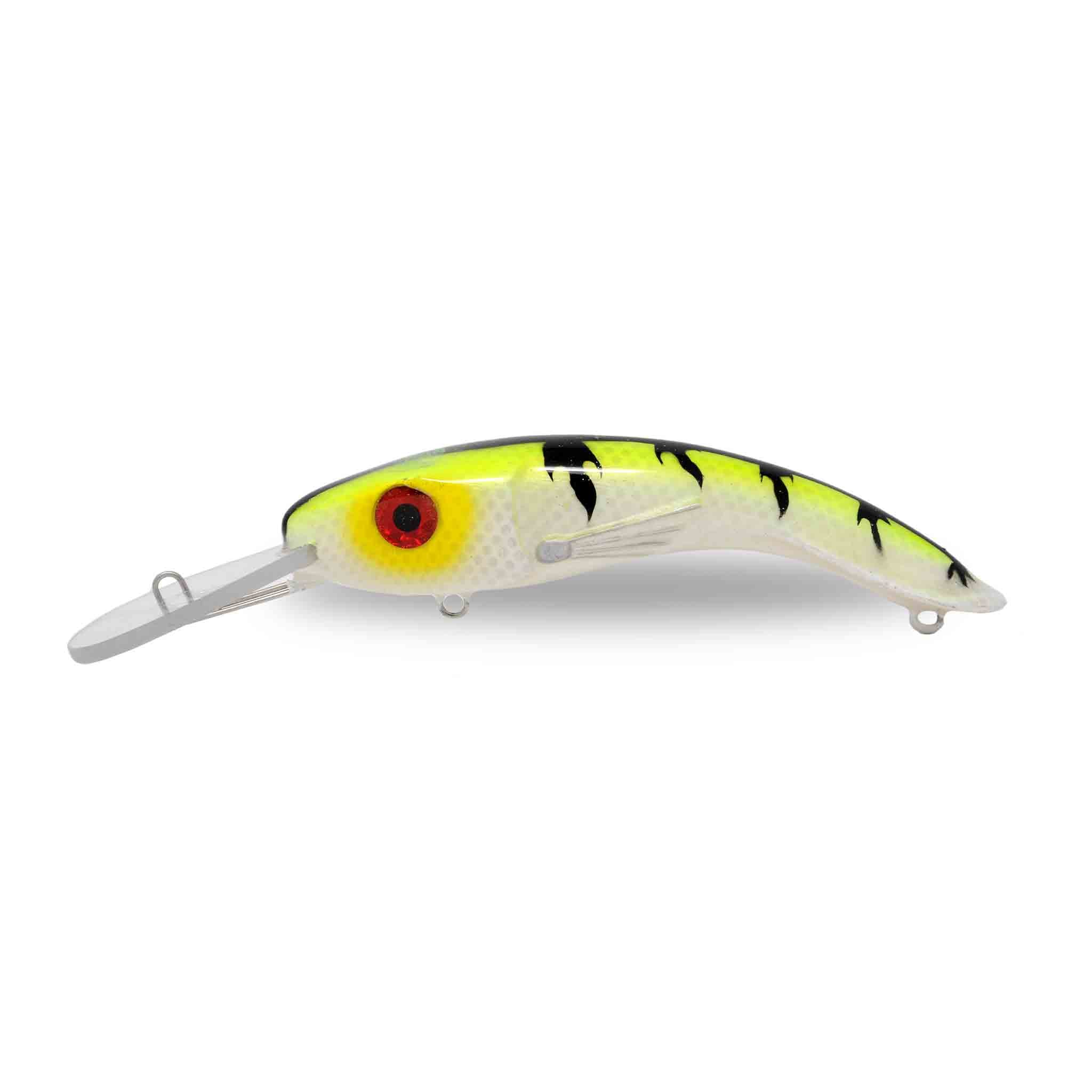 View of Crankbaits One Shot Tackle Perchosaurus 7" Crankbait Chartreuse Tiger available at EZOKO Fishing