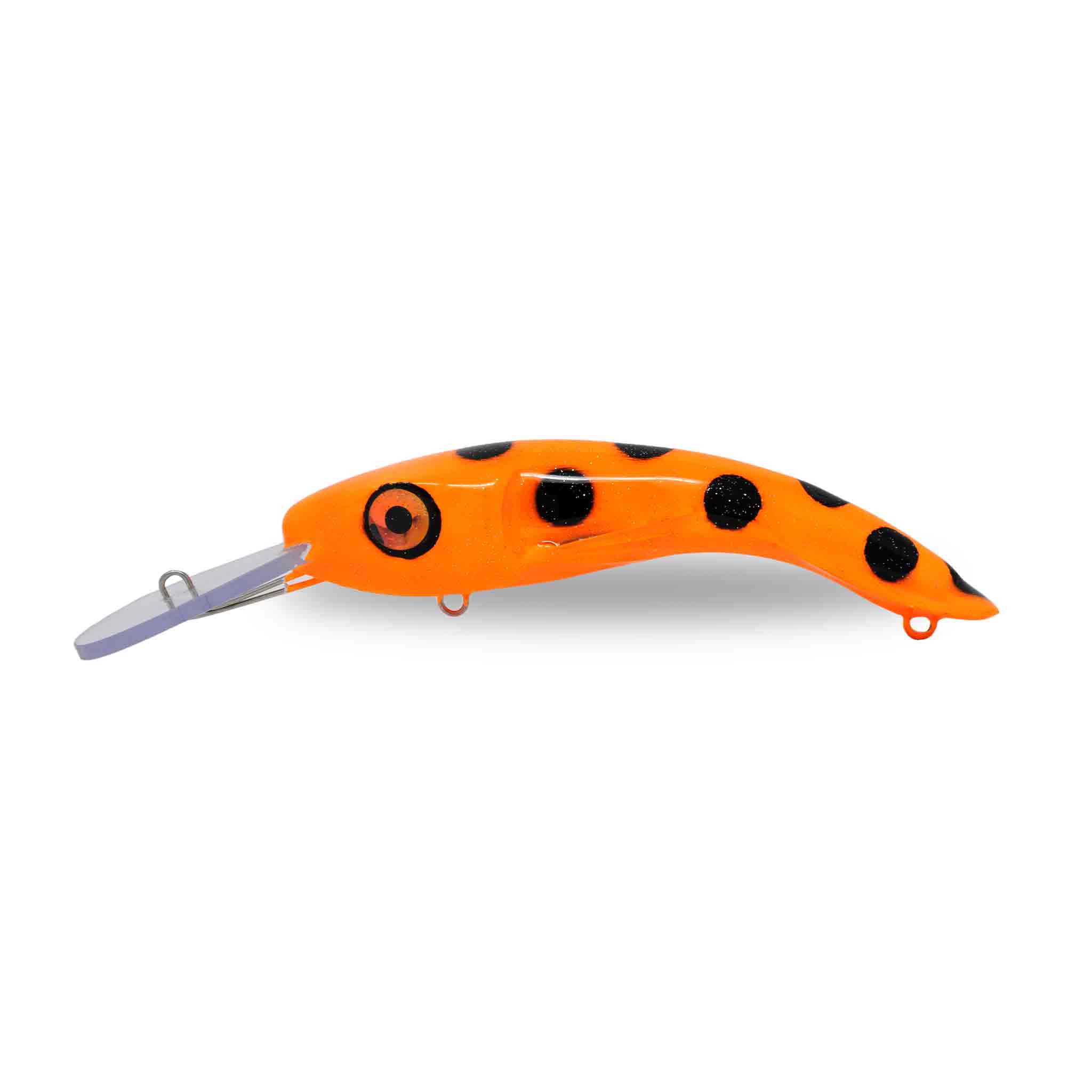 View of Crankbaits One Shot Tackle Perchosaurus 7" Crankbait Orange Black Dots available at EZOKO Fishing