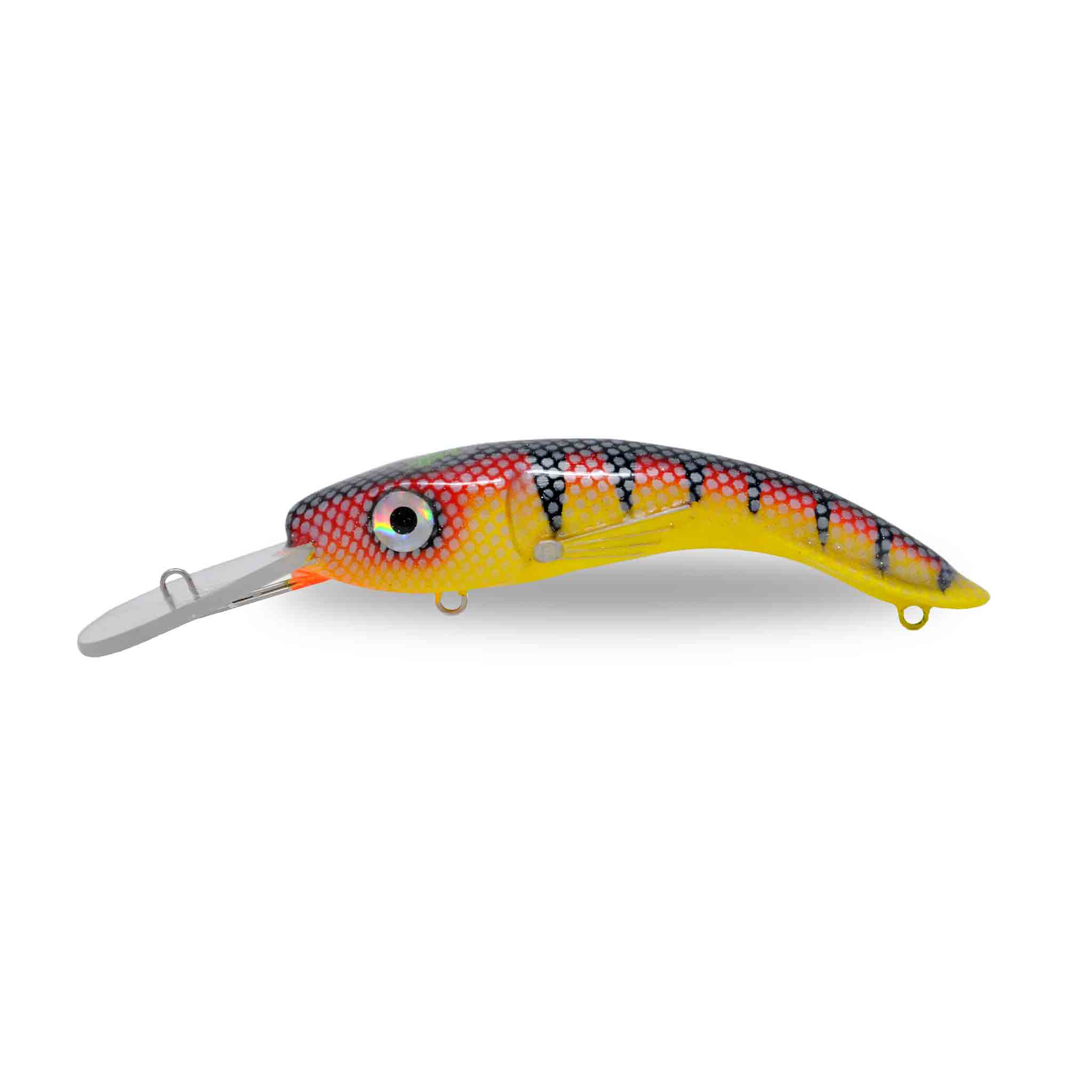 View of Crankbaits One Shot Tackle Perchosaurus 7" Crankbait Red Perch Yellow Belly available at EZOKO Fishing
