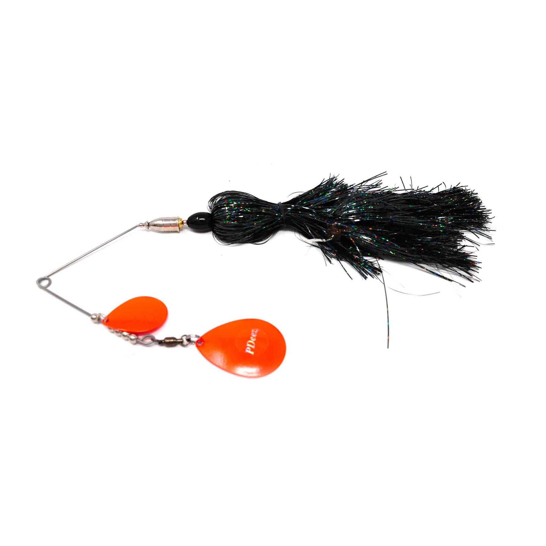 View of Spinnerbaits PDeez Bell Casting Spinnerbait Holographic Black / Orange available at EZOKO Pike and Musky Shop