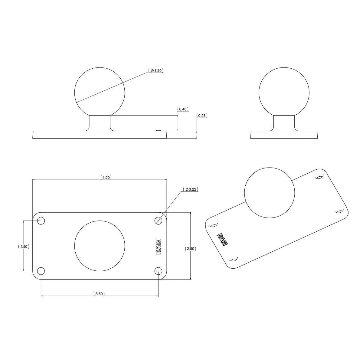 View of electronic_accessories RAM Ball Base with 1.5" x 3.5" 4-Hole Pattern - C Size available at EZOKO Pike and Musky Shop