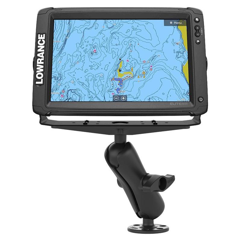 view of a RAM Large MArine Electronic Mount holding a Large Lowrance ELITE fishfinder