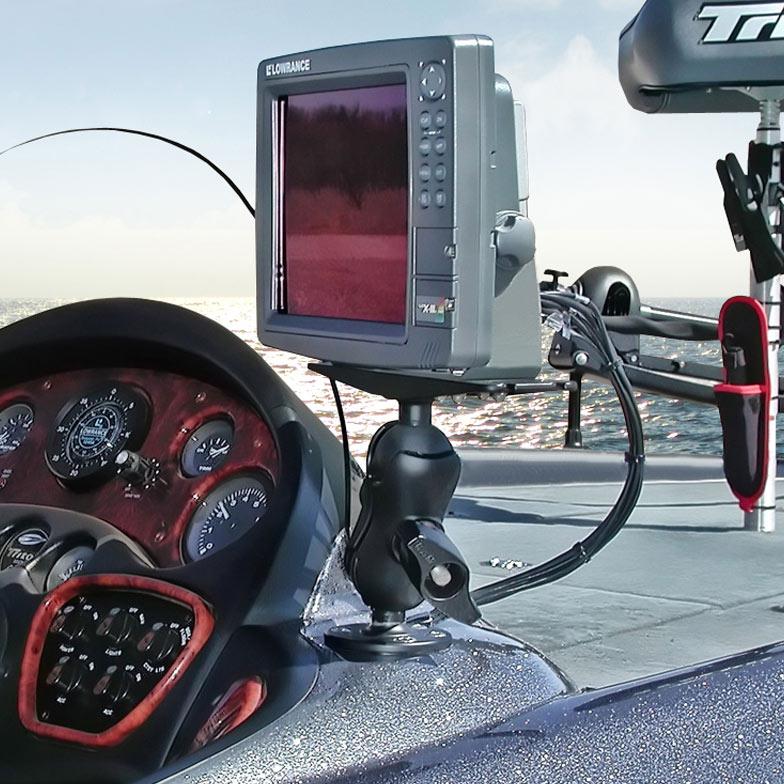 View of RAM Large Marine Electronics Mount - D size Short on a fishing boat holding a Lowrance fishfinder