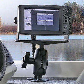 View of RAM Large Marine Electronics Mount - D size Short on a fishing boat holding a Humminbird fishfinder