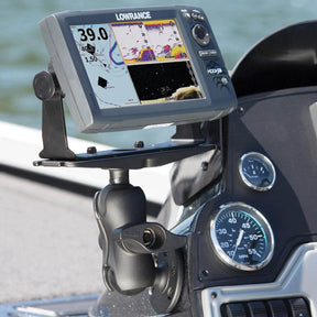 View of RAM Large Marine Electronics Mount - D size Short on a fishing boat holding a Lowrance fishfinder
