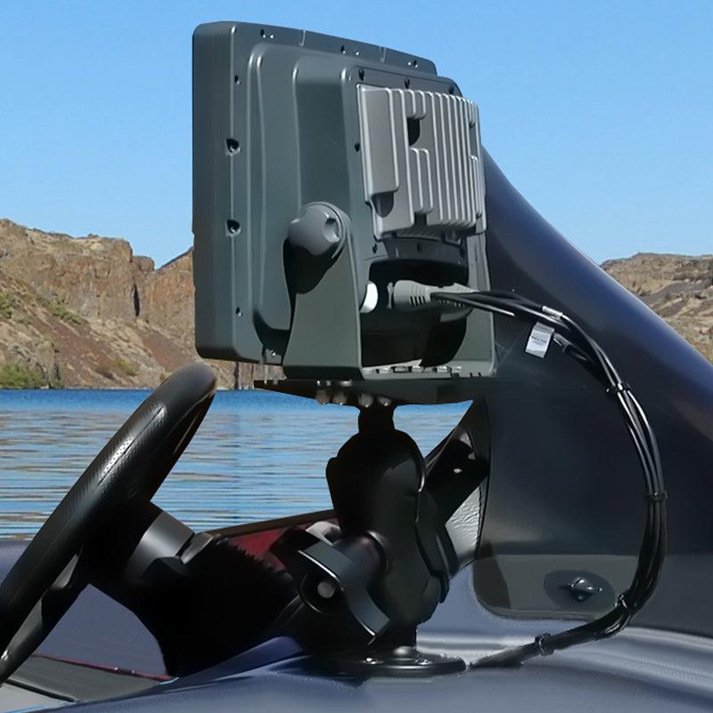 Backview of RAM Large Marine Electronics Mount - D size Short on a fishing boat holding a Large fishfinder
