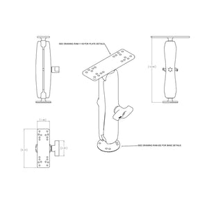 drawing of RAM Universal Marine Electronic Mount - C Size Long showing the exact dimensions