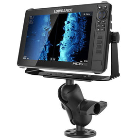 Studio front view of RAM Universal Marine Electronic Mount - D Size Short holding a Lowrance HDS12 Fishfinder