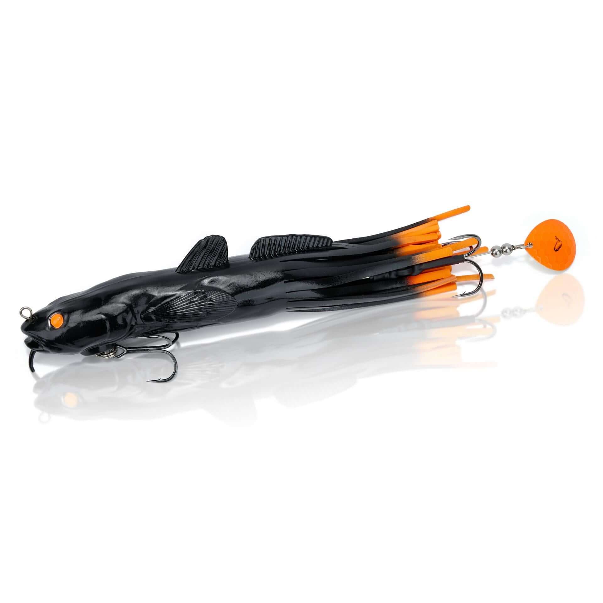View of Rubber Savage Gear 3D Burbot Tube 10'' Black Orange Flash available at EZOKO Fishing