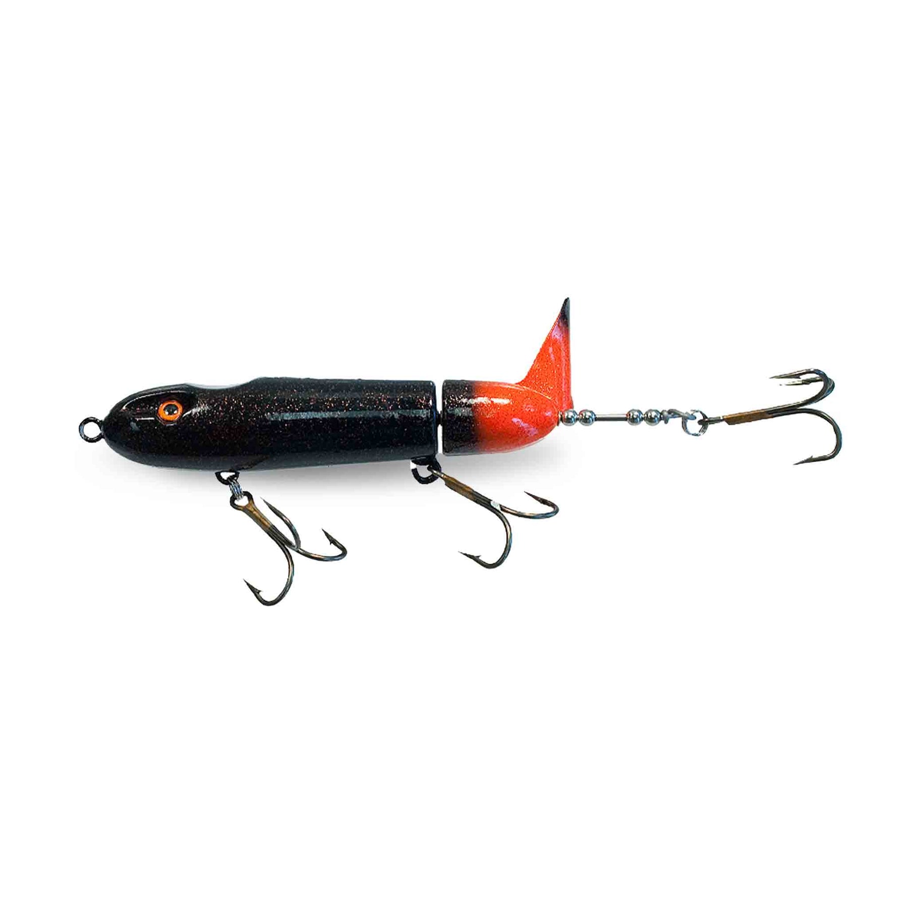 View of Topwater Sennett Tackle Company Pacemaker 7" Topwater Propbait Black w Orange Tail available at EZOKO Pike and Musky Shop