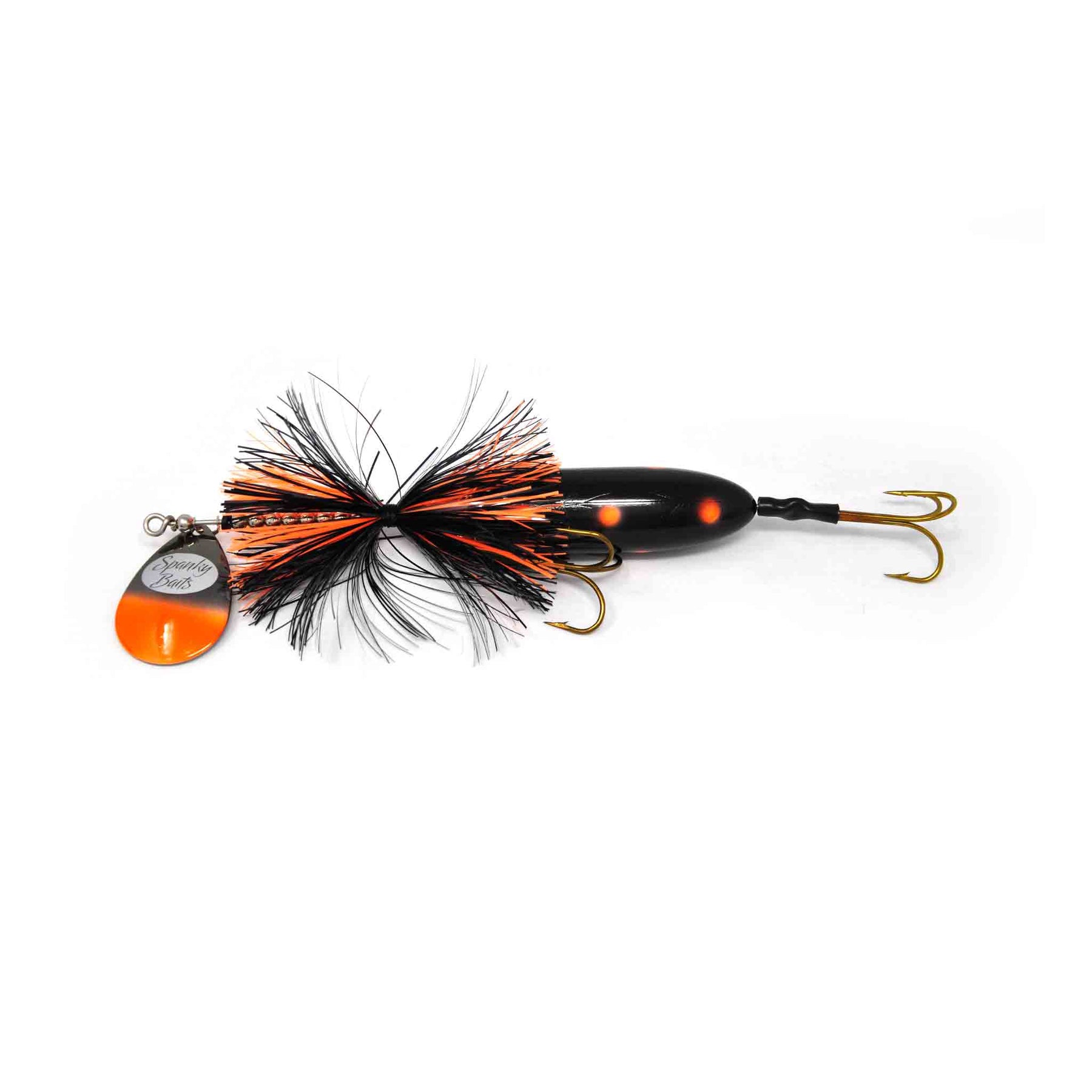 View of Bucktails Spanky Baits Pugsly 10 Bucktail Black Orange available at EZOKO Pike and Musky Shop