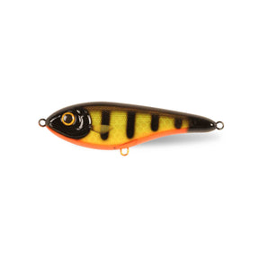 View of Jerk-Glide_Baits Strike Pro Buster Jerk II Suspending Glide Bait Black Okoboji Perch available at EZOKO Pike and Musky Shop