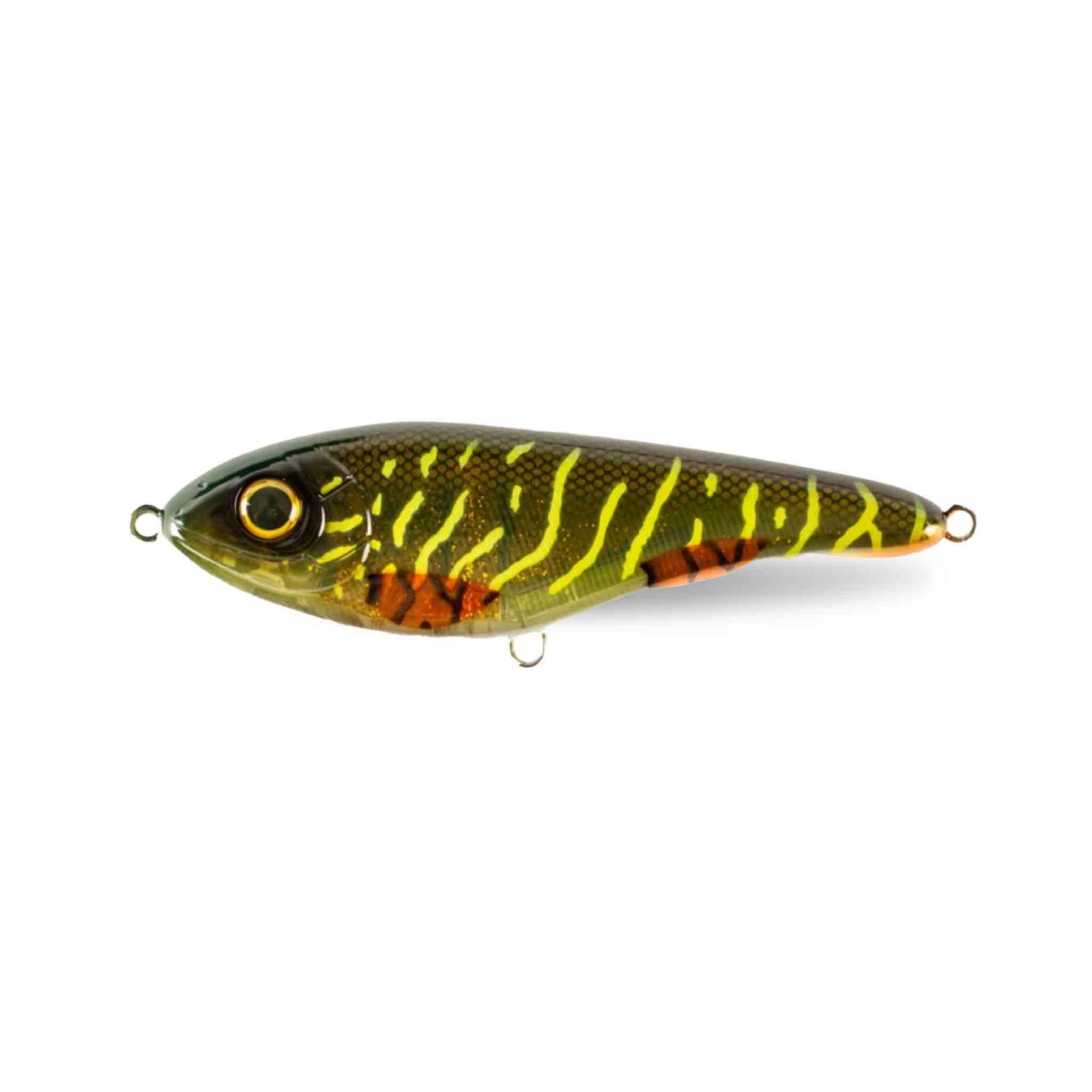View of Jerk-Glide_Baits Strike Pro Buster Jerk II Suspending Glide Bait Green Motoroil Pike available at EZOKO Pike and Musky Shop