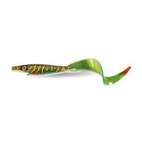 View of Swimbaits Strike Pro Giant Pig Tail Swimbait Green Motoroil Pike UV available at EZOKO Pike and Musky Shop