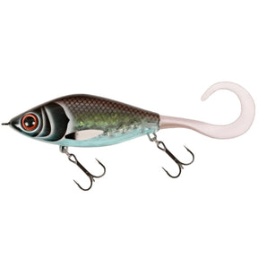 View of Jerk-Glide_Baits Strike Pro Guppie Downsize Glide Bait Midnight Shiner / Pearl White Tail available at EZOKO Pike and Musky Shop