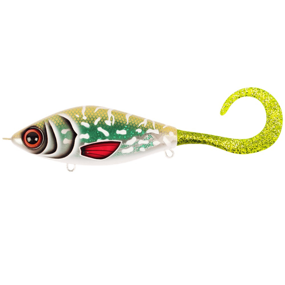 View of Jerk-Glide_Baits Strike Pro Guppie Downsize Glide Bait Glitter Pike / Green-Gold Glitter available at EZOKO Fishing