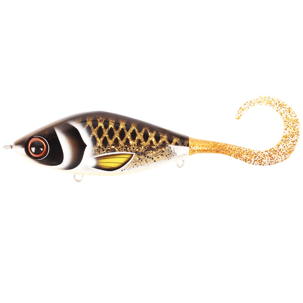 View of Jerk-Glide_Baits Strike Pro Guppie Downsize Glide Bait Spotted Bullhead / Gold Glitter available at EZOKO Pike and Musky Shop