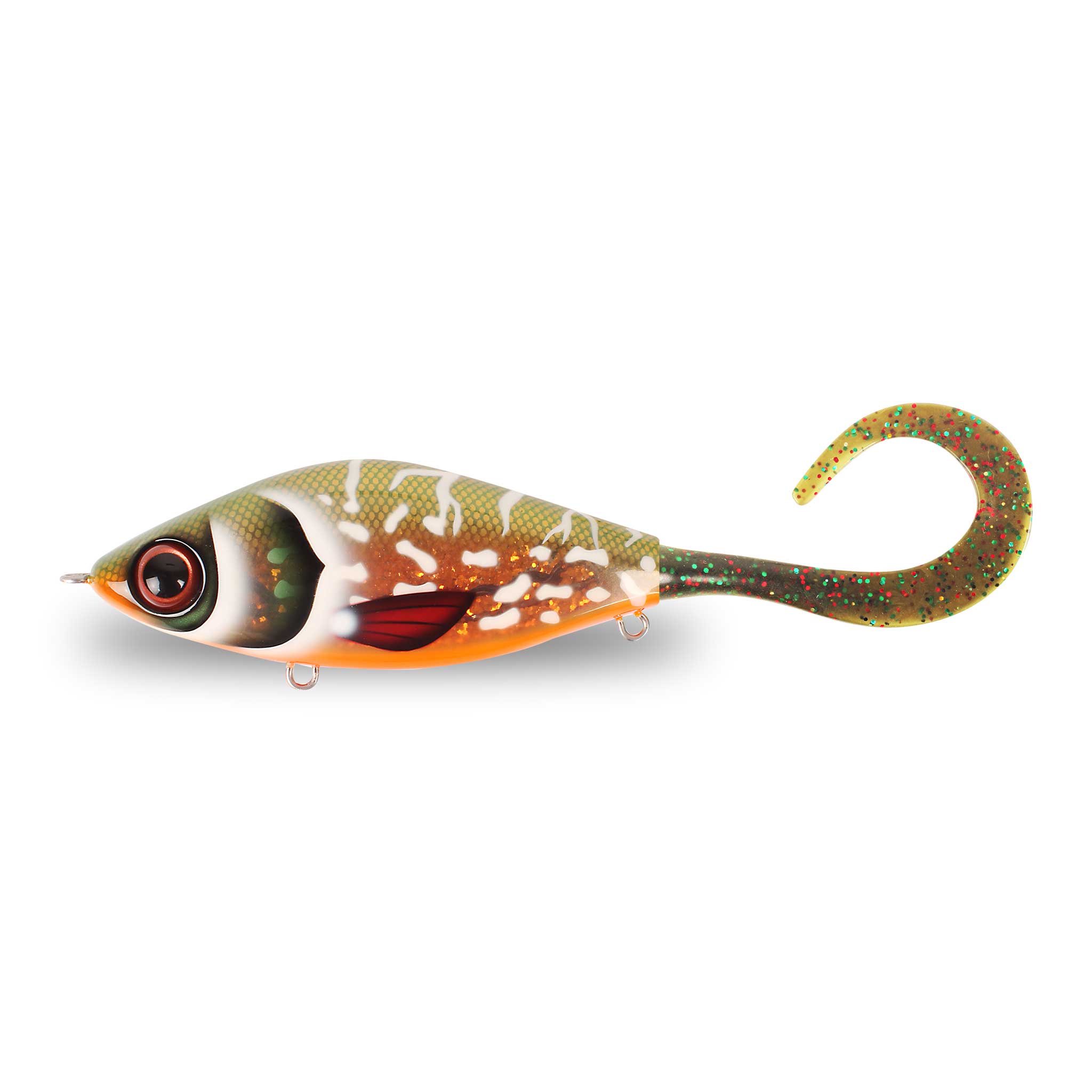 View of Jerk-Glide_Baits Strike Pro Guppie Glide Bait Copper Pike / Mossgreen Glitter Tail available at EZOKO Fishing