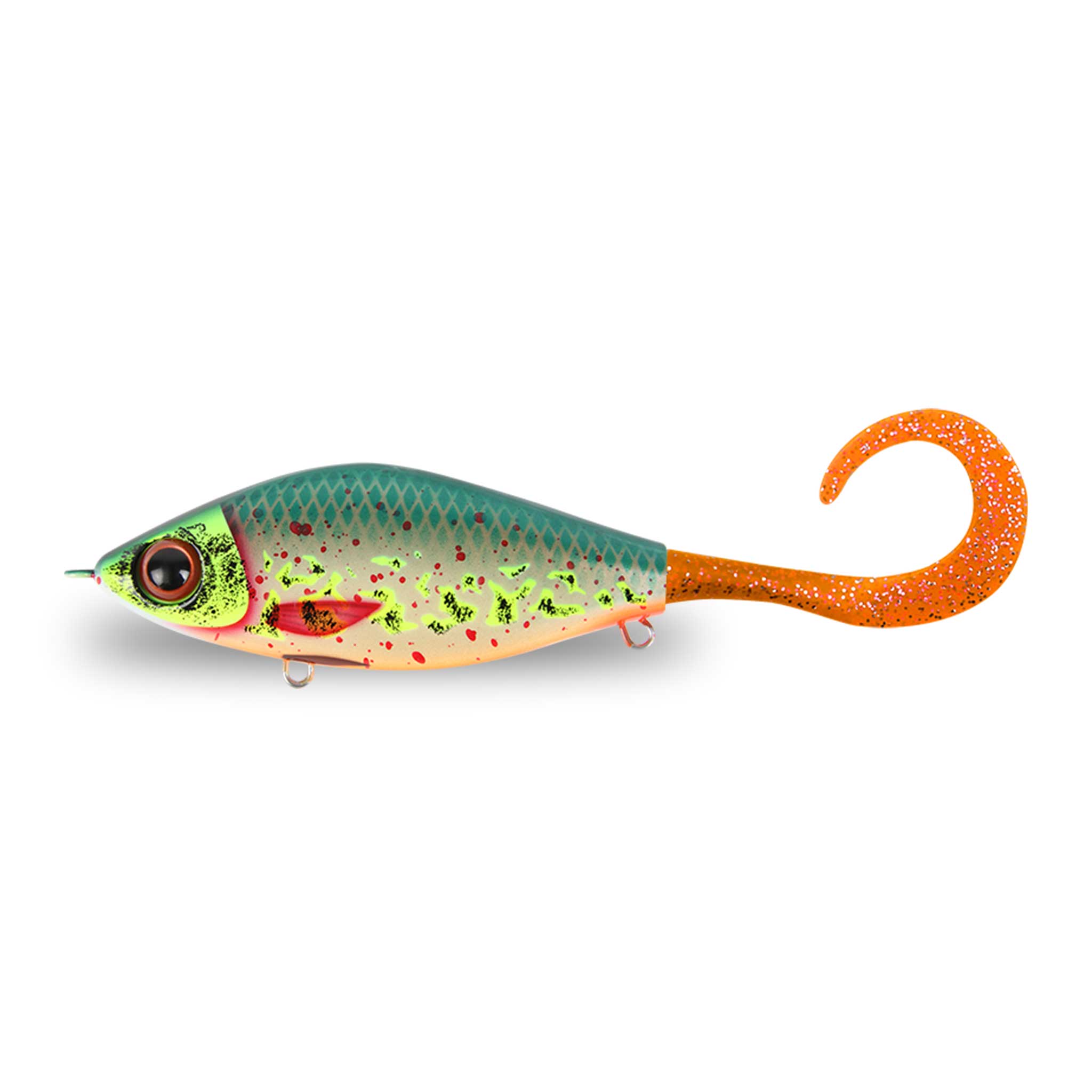 View of Jerk-Glide_Baits Strike Pro Guppie Glide Bait The Saint / Orange Silver Glitter Tail available at EZOKO Fishing