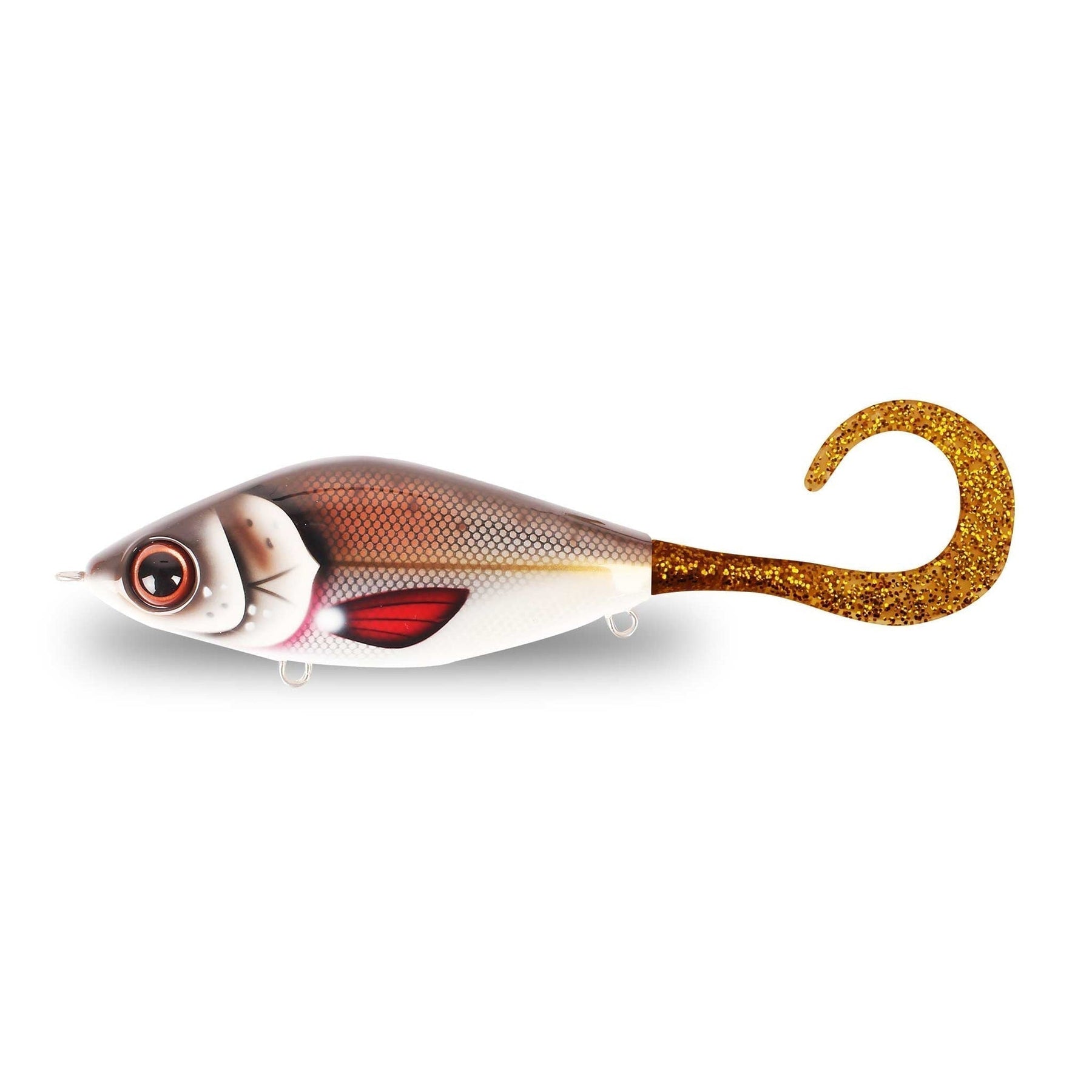 View of Jerk-Glide_Baits Strike Pro Guppie Jr Glide Bait Brown Shugga / Motoroil Glitter Tail available at EZOKO Fishing