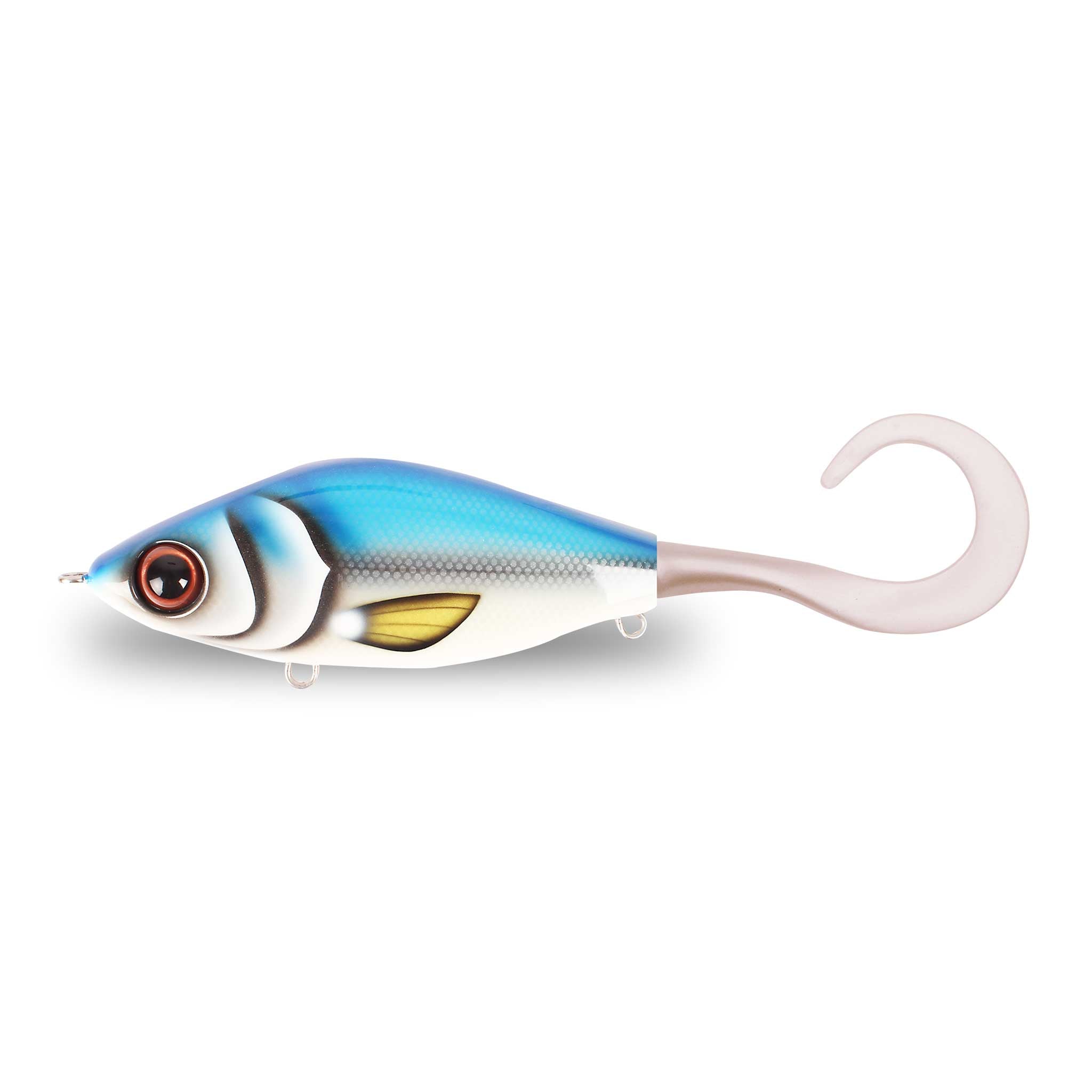 View of Jerk-Glide_Baits Strike Pro Guppie Jr Shallow Glide Bait Blue Heaven / Pearl White Tail available at EZOKO Fishing