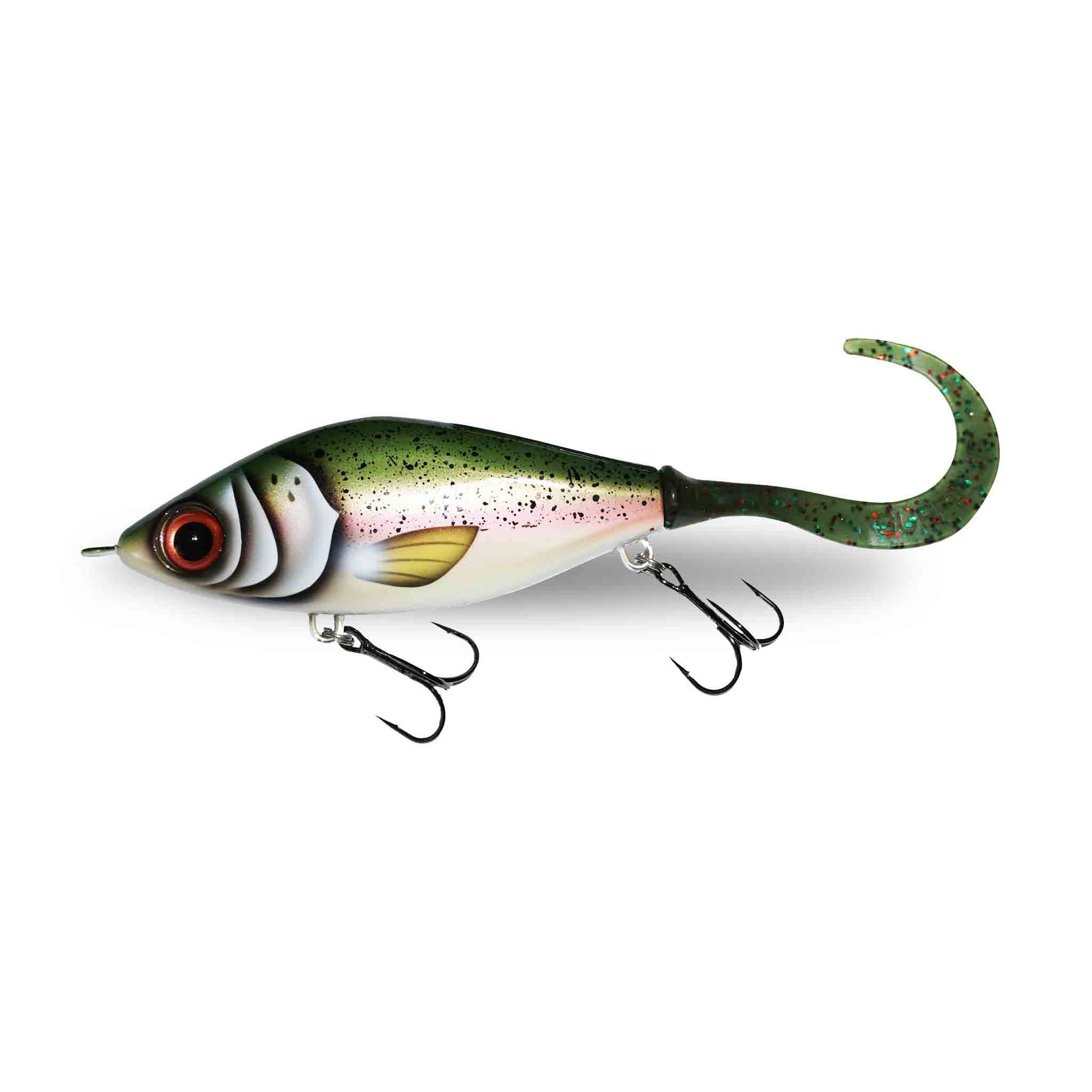 View of Jerk-Glide_Baits Strike Pro Guppie Jr Shallow Glide Bait Rainbow / Mossgreen Glitter Tail available at EZOKO Fishing