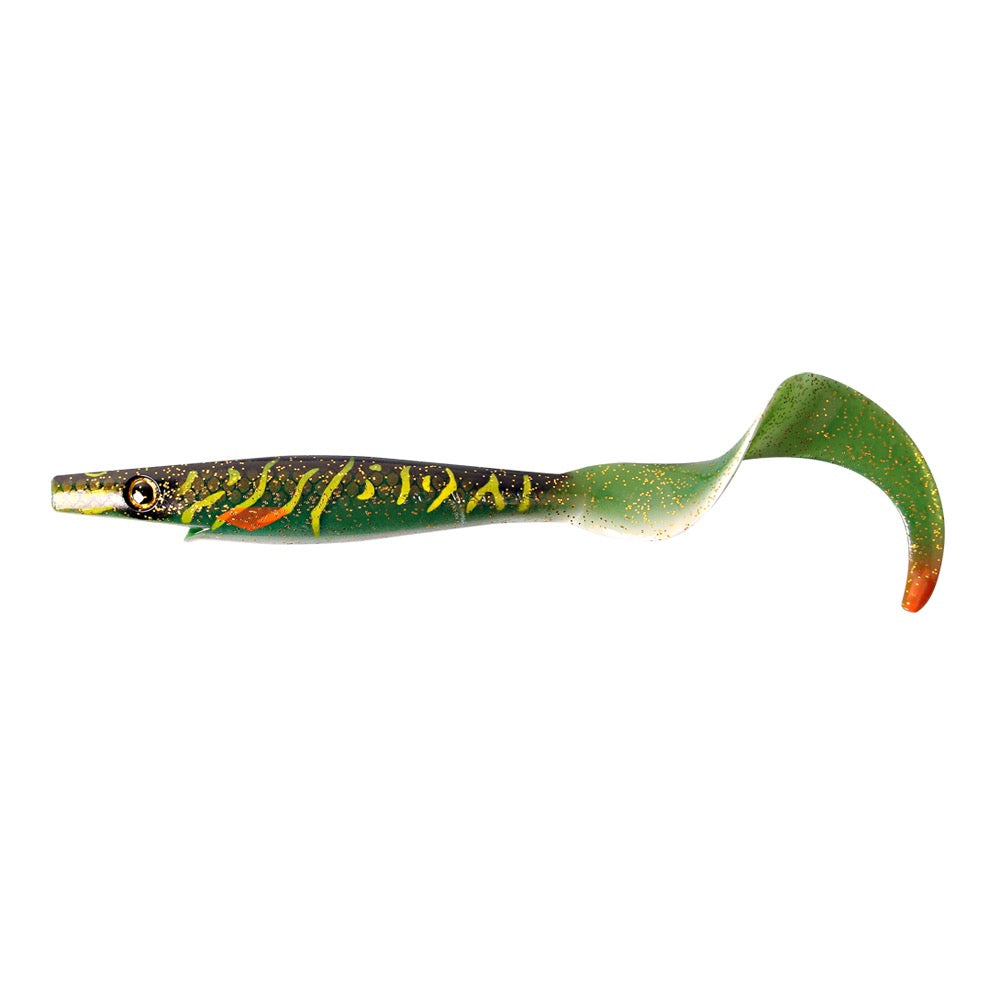 View of Swimbaits Strike Pro Pig Tail Jr Swimbait Green Motoroil Pike UV available at EZOKO Pike and Musky Shop